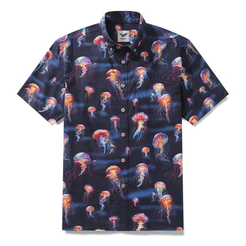 Castlebeard Men's Ocean Hawaiian Short Sleeve Cotton Resort Wear Shirt Jellyfish Print Luminescent Dreams By Amy