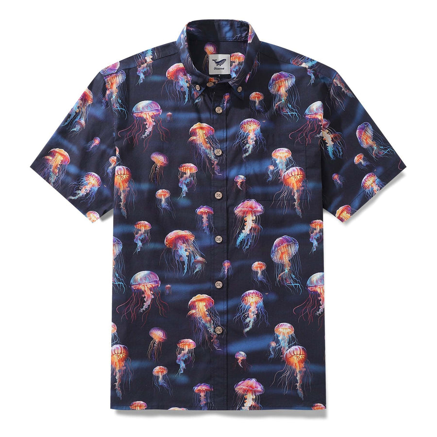 Castlebeard Men's Ocean Hawaiian Short Sleeve Cotton Resort Wear Shirt Jellyfish Print Luminescent Dreams By Amy