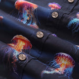 Castlebeard Men's Ocean Hawaiian Short Sleeve Cotton Resort Wear Shirt Jellyfish Print Luminescent Dreams By Amy, view 5