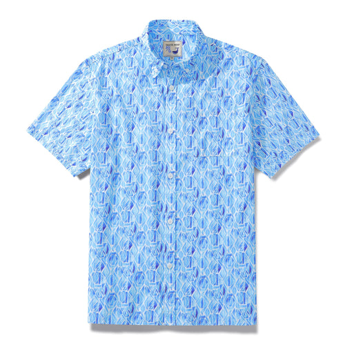 Castlebeard Men's Short Sleeve Shirt Men Hawaii Blue Geometry Print Cotton Button Down By Amy