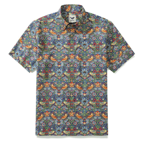 Castlebeard Mens Strawberry Thief Shirt 100% Cotton Hawaiian Shirt Designer Morris Button-down Shirt By Amy