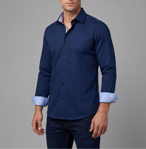 Castlebeard Paul// Cotton Knit-Stretch Button-Up Shirt With Contrast Details // Navy // Tailored Fit (Fitted)
