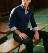 Castlebeard Paul// Cotton Knit-Stretch Button-Up Shirt With Contrast Details // Navy // Tailored Fit (Fitted), view 2