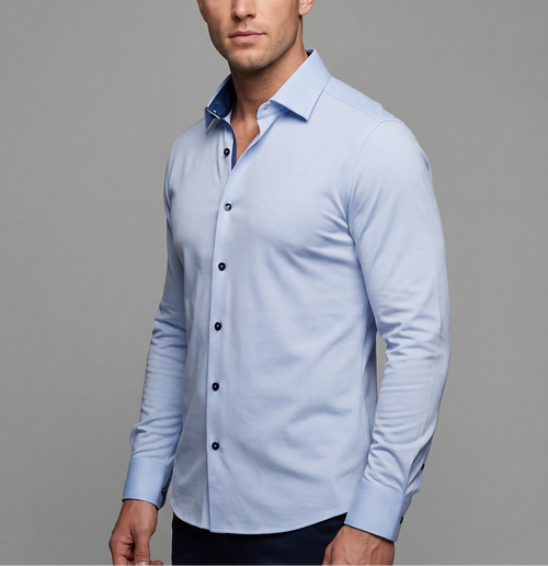 Castlebeard Ralph// Cotton Knit-Stretch Button-Up Shirt With Contrast Details // Blue // Tailored Fit (Fitted)
