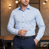 Castlebeard Ralph// Cotton Knit-Stretch Button-Up Shirt With Contrast Details // Blue // Tailored Fit (Fitted), view 4