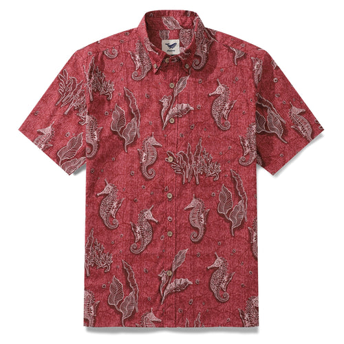 Castlebeard Red Hawaiian Shirt For Men Seahorses Shirt Button-down Short Sleeve 100% Cotton Shirt By Sun