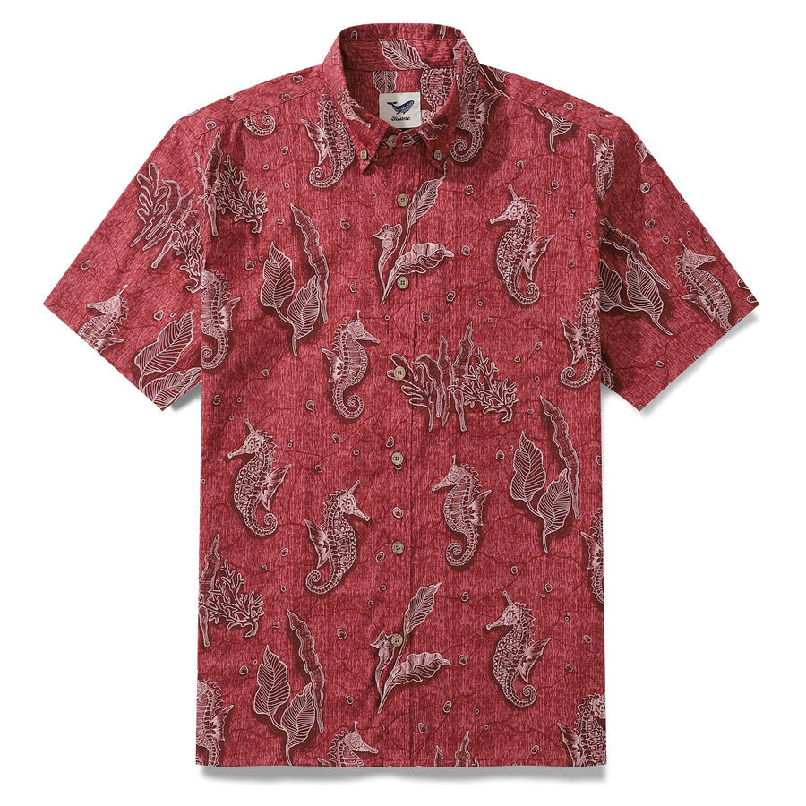 Castlebeard Red Hawaiian Shirt For Men Seahorses Shirt Button-down Short Sleeve 100% Cotton Shirt By Sun