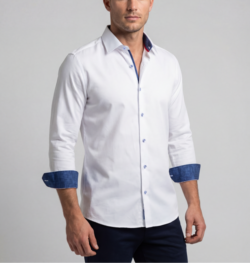 Castlebeard Ron// Cotton Knit-Stretch Button-Up Shirt With Contrast Details // White // Tailored Fit (Fitted)