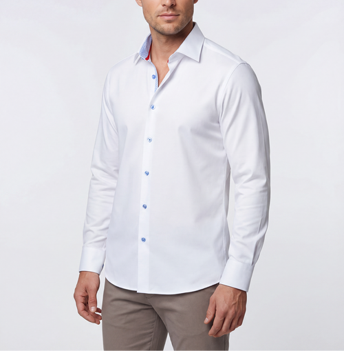 Castlebeard Scott// Cotton Knit-Stretch Button-Up Shirt With Contrast Details // White // Tailored Fit (Fitted)