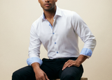 Castlebeard Scott// Cotton Knit-Stretch Button-Up Shirt With Contrast Details // White // Tailored Fit (Fitted), view 2