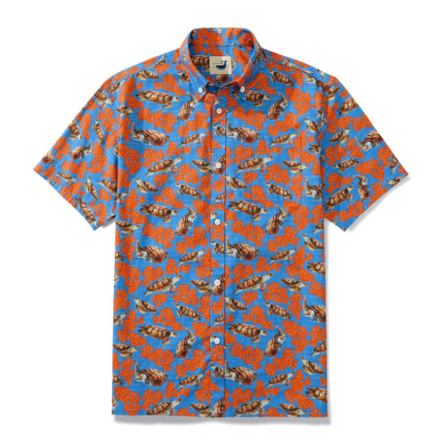 Castlebeard Sea Turtles And Coral Light Blue Men's Button-down Shirt 100% Cotton By Amy