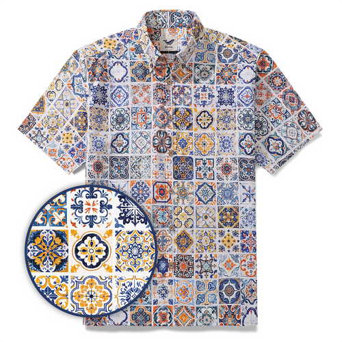 Castlebeard Sicilian Shirt Summer Hawaiian Shirt For Men Colorful Button-down Short Sleeve 100% Cotton Vintage Shirt Mediterranean Passion By Sun