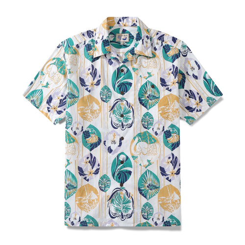 Castlebeard Striped Base Fabric with Vintage Tropical Flower Print Short-Sleeved Hawaiian Shirt By Evan