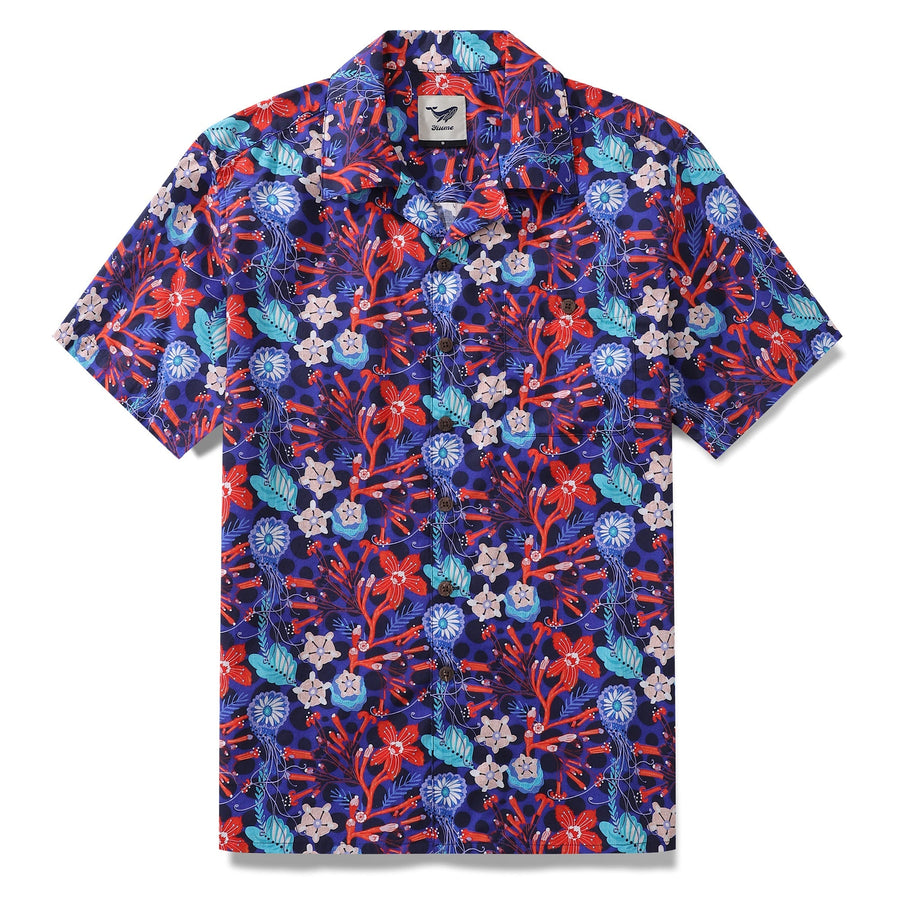 Castlebeard Summer Hawaiian Shirt For Men The Big Dive By Lucille Pattern Print Shirt Camp Collar 100% Cotton