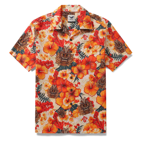 Castlebeard Tiki Hawaiian Shirt For Men Designer Floral Shirt Camp Collar 100% Cotton By Yakima