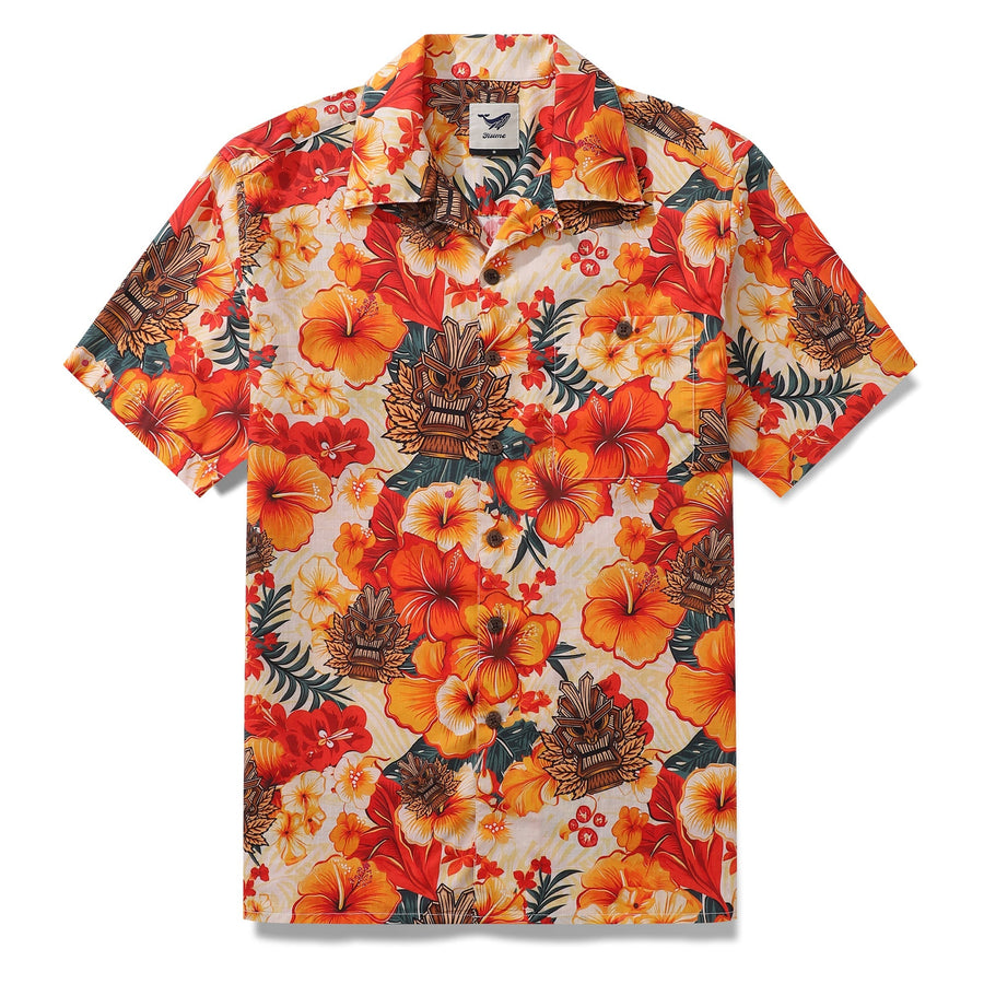 Castlebeard Tiki Hawaiian Shirt For Men Designer Floral Shirt Camp Collar 100% Cotton By Yakima