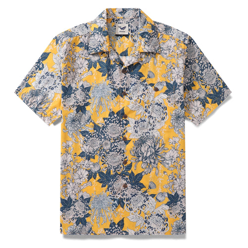 Castlebeard Yellow Hawaiian Shirt For Men Japanese Flower Shirt Camp Collar 100% Cotton Shirt By Yakima