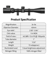 CVLIFE FoxSpook 3-9x40 Rifle Scope Dual Illuminated Optical Scope with 11mm Free Mounts, view 3
