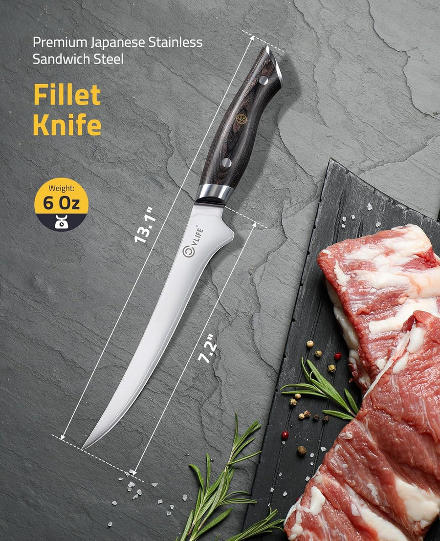 CVLIFE Fillet Knife with Leather Sheath, 7.2" Razor Sharp 10Cr15Mov Steel Blade
