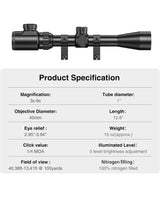 CVLIFE FoxSpook 3-9x40 Rifle Scope, Mil-dot Reticle Scope for Hunting with 20mm Piactinny, view 5