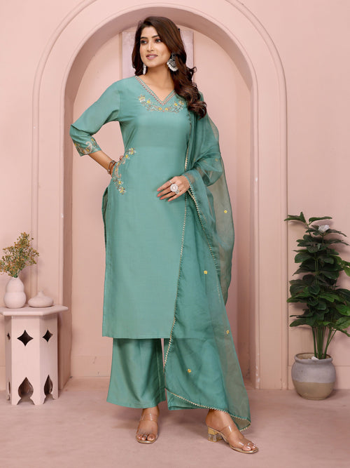 Dista Elora Aqua Blue Chinon Plain Embroidery Straight Cut V Neckline Kurta Set
