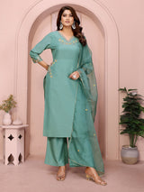 Dista Elora Aqua Blue Chinon Plain Embroidery Straight Cut V Neckline Kurta Set, view 2