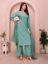 Dista Elora Aqua Blue Chinon Plain Embroidery Straight Cut V Neckline Kurta Set, view 3