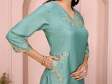 Dista Elora Aqua Blue Chinon Plain Embroidery Straight Cut V Neckline Kurta Set, view 4