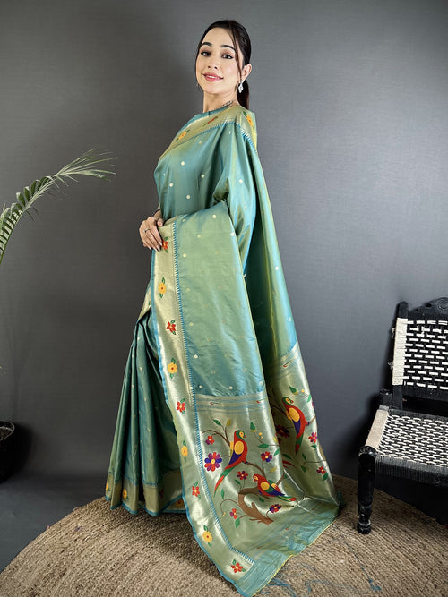 Dista Elora aqua blue Lichi Silk Parrot & Floral Woven Design Zari Weaving Paithani Saree