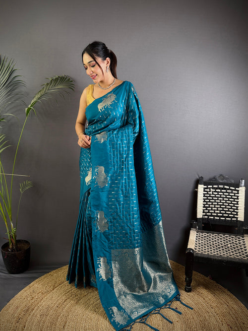 Dista Elora Aqua Blue Lichi Silk Striped Jacquard Zari Weaving Banarasi Saree