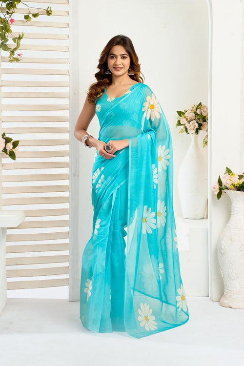 Dista Elora Aqua Blue Linen Floral Printed Ready To Wear Saree