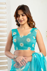 Dista Elora Aqua Blue Linen Floral Printed Ready To Wear Saree, view 2
