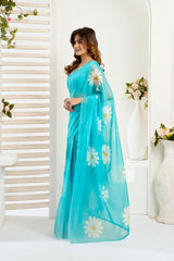 Dista Elora Aqua Blue Linen Floral Printed Ready To Wear Saree, view 4