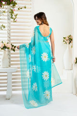 Dista Elora Aqua Blue Linen Floral Printed Ready To Wear Saree, view 6