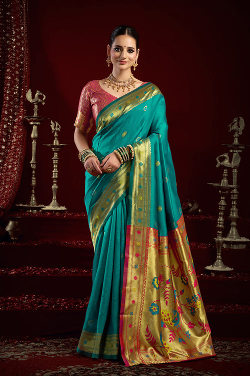 Dista Elora Aqua Blue Silk Blend Butti Weaving Paithani Saree