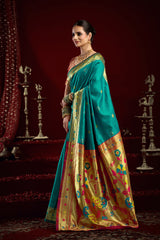 Dista Elora Aqua Blue Silk Blend Butti Weaving Paithani Saree, view 2