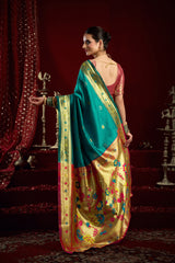 Dista Elora Aqua Blue Silk Blend Butti Weaving Paithani Saree, view 3