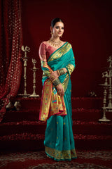 Dista Elora Aqua Blue Silk Blend Butti Weaving Paithani Saree, view 4