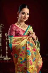 Dista Elora Aqua Blue Silk Blend Butti Weaving Paithani Saree, view 5