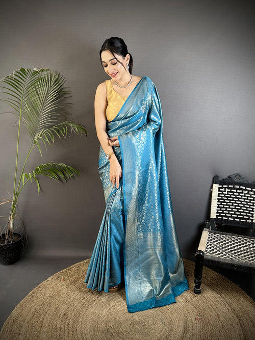Dista Elora Aqua Blue Soft Satin Silk Floral & Paisley Motifs Banarasi Saree