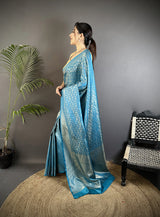 Dista Elora Aqua Blue Soft Satin Silk Floral & Paisley Motifs Banarasi Saree, view 2