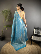 Dista Elora Aqua Blue Soft Satin Silk Floral & Paisley Motifs Banarasi Saree, view 3