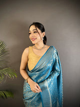 Dista Elora Aqua Blue Soft Satin Silk Floral & Paisley Motifs Banarasi Saree, view 4