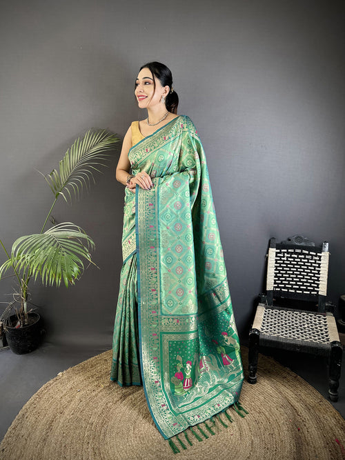 Dista Elora Aqua Green Soft Silk Geometric Zari Woven Patola Saree