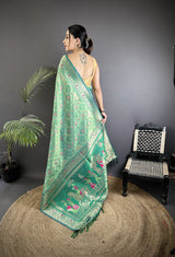 Dista Elora Aqua Green Soft Silk Geometric Zari Woven Patola Saree, view 3