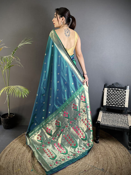 Dista Elora Azure Turquoise Lichi Silk Floral Ikat Motifs Zari weaving Paithani Saree