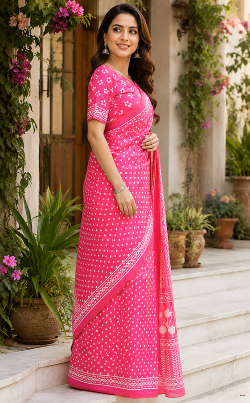 Dista Elora Baby Pink Chanderi Cotton Bandhani Printed Ready To Wear Saree