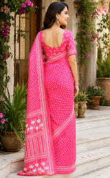Dista Elora Baby Pink Chanderi Cotton Bandhani Printed Ready To Wear Saree, view 2