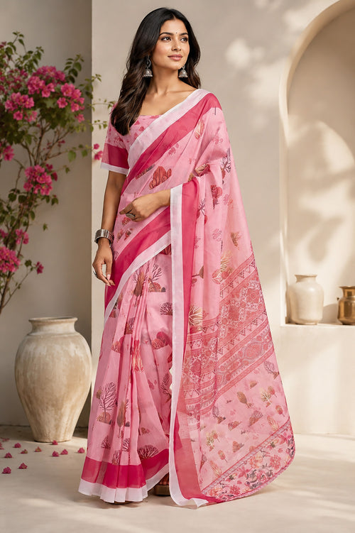 Dista Elora Baby Pink Chanderi Cotton Floral Printed Ready To Wear Saree