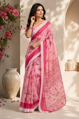 Dista Elora Baby Pink Chanderi Cotton Floral Printed Ready To Wear Saree, view 2